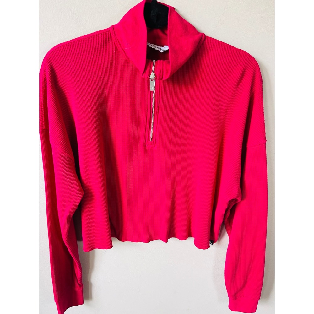 Calvin Klein Jeans Womens Hot Pink Waffle Knit Quarter Zip Cropped Pullover S